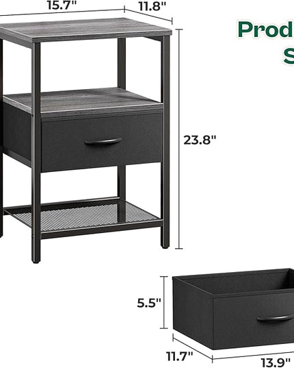 Night Stand with Fabric Drawer, Side Table with Mesh Shelf, Bedroom Nightstand, Fabric Drawer Dresser, Open Shelf, Metal Frame, Couch Side, Charcoal Gray - LeafyLoom