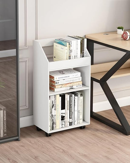 3-Tier Mobile Bookshelf, White Bookcase with Wheels, Rolling File Holder Desk File Book Organizer for Home Office Living Room School - LeafyLoom