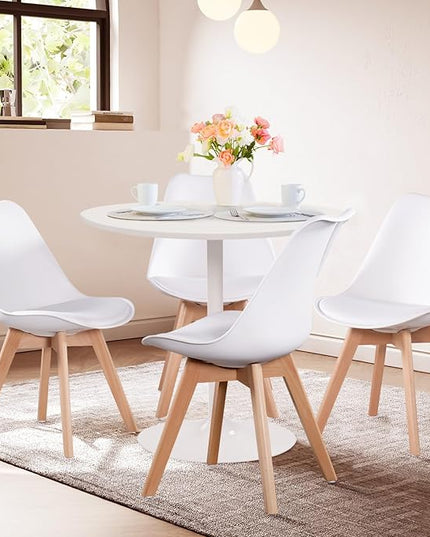 FurnitureR Dining Chairs Set of 4, Kitchen Chairs with Wood Legs, Faux Leather Side Chairs Armless Mid Back for Living Room Bedroom, Cushioned Upholstered Dining Room Chairs, White - LeafyLoom