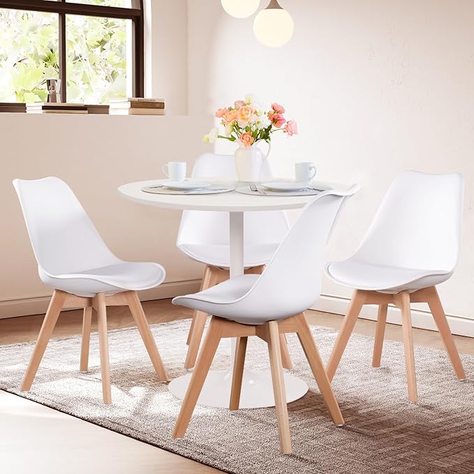 FurnitureR Dining Chairs Set of 4, Kitchen Chairs with Wood Legs, Faux Leather Side Chairs Armless Mid Back for Living Room Bedroom, Cushioned Upholstered Dining Room Chairs, White - LeafyLoom