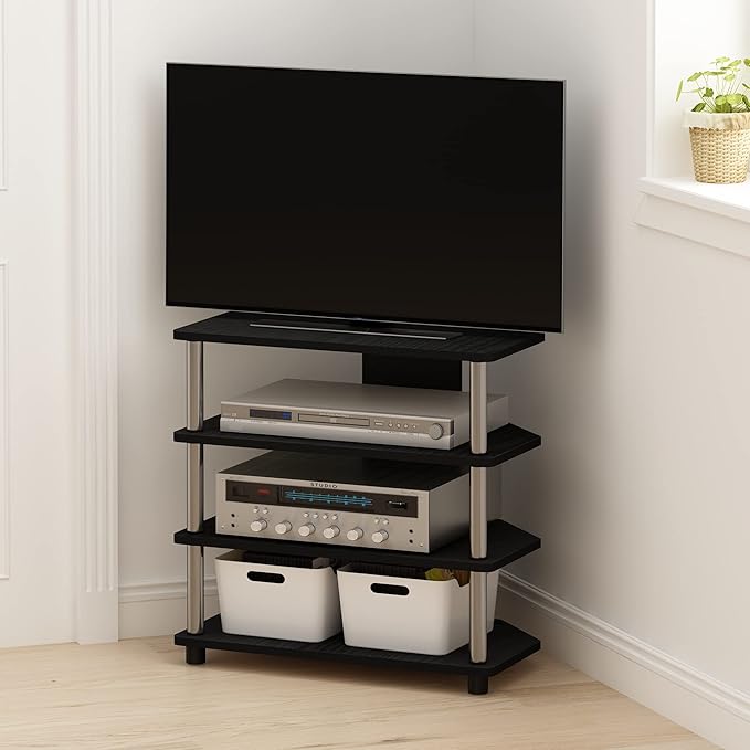 Furinno Turn-N-Tube Easy Assembly 4-Tier Petite Entertainment Center / TV Stand / TV Unit / TV Desk, Stainless Steel, Americano/Chrome - LeafyLoom
