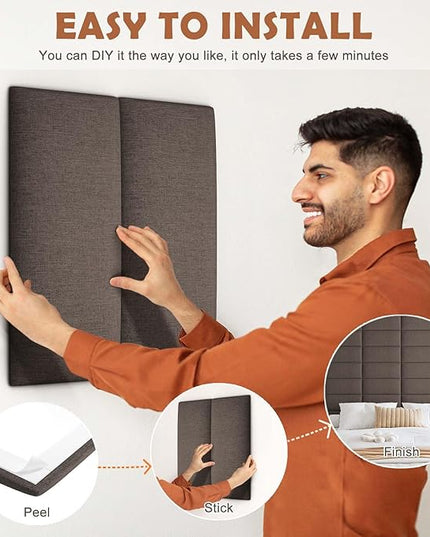 Upholstered Wall Mounted Headboard, 3D Soundproof Wall Panels Peel and Stick Headboard for Queen Size, Reusable and Removable Tufted Bed Headboard in Brown(9 Panels, 10" x 24") - LeafyLoom
