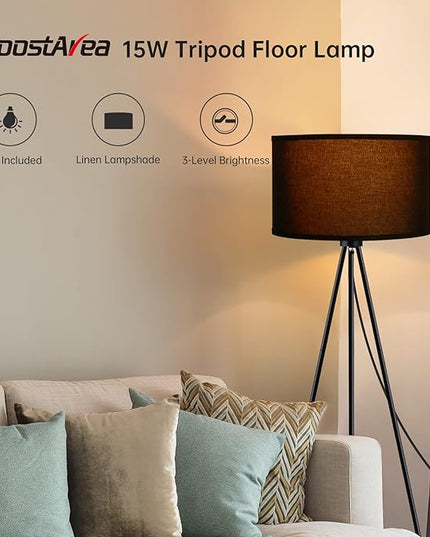 BoostArea Floor Lamp for Living Room, Tripod Floor Lamp, 15W LED Bulb, 3 Levels Dimmable Brightness, Black Linen Lamp Shade, Mid Century Standing Lamp for Living Room, Bedroom, Study Room and Office - LeafyLoom