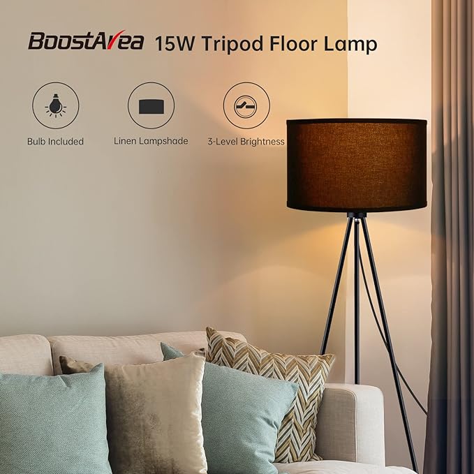 BoostArea Floor Lamp for Living Room, Tripod Floor Lamp, 15W LED Bulb, 3 Levels Dimmable Brightness, Black Linen Lamp Shade, Mid Century Standing Lamp for Living Room, Bedroom, Study Room and Office - LeafyLoom