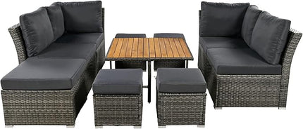 9-Pieces Outdoor Rattan Sectional Sofa Set, Wicker Patio Conversation Furniture with L-shape Couch&Storage Ottomans, Acacia Wood Coffee Table, for Garden Yard, Grey Wicker&Grey Cushion - LeafyLoom