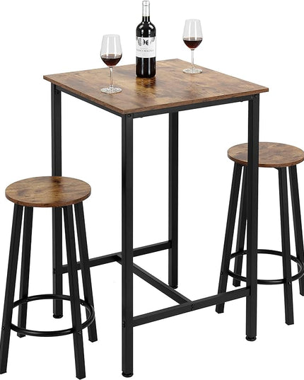 Finnhomy Bar Table Set, 23.6" Pub Table High Top Table, Square Bar Height Table, Bar Table with Stools, Kitchen Table Set for 2, Dining Table Set, Breakfast for Kitchen, Living Room, Rustic Brown - LeafyLoom