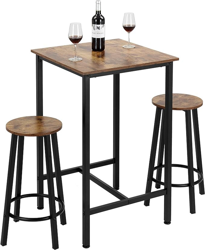 Finnhomy Bar Table Set, 23.6" Pub Table High Top Table, Square Bar Height Table, Bar Table with Stools, Kitchen Table Set for 2, Dining Table Set, Breakfast for Kitchen, Living Room, Rustic Brown - LeafyLoom