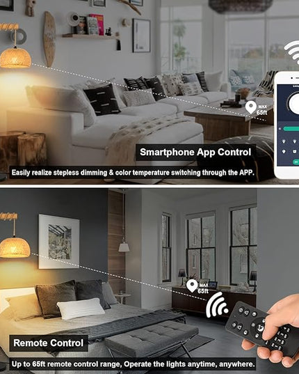 Boho Floor Lamp with Remote, Farmhouse Dimmable Rattan Standing Lamp with Smart Blub, Bamboo Lampshade, App Control, Wood Black Tall Lamp for Living Room Bedroom Office, 9W LED Bulb Included - LeafyLoom