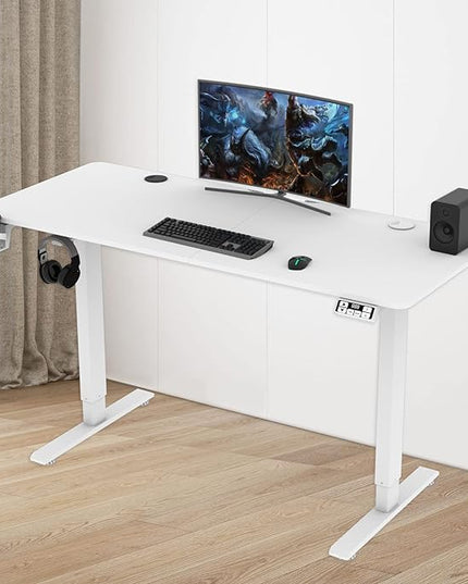 Electric Standing Desk Height Adjustable, Large 55 inch Sit Stand up Desk Home Office Computer Ergonomic Desk Memory Preset with Pencil Tray, White&Wood - LeafyLoom