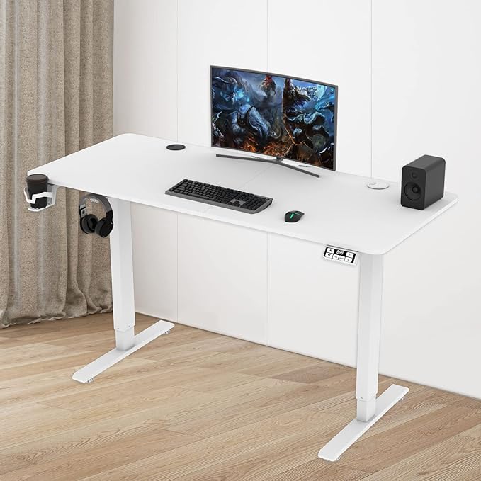 Electric Standing Desk Height Adjustable, Large 55 inch Sit Stand up Desk Home Office Computer Ergonomic Desk Memory Preset with Pencil Tray, White&Wood - LeafyLoom