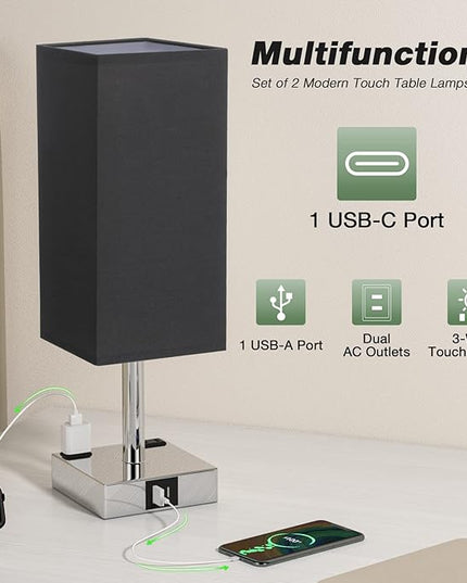 aooshine Black Set of 2 Touch Lamp with USB Port-Nightstand Lamp with USB-C+A Charge Ports& AC Outlets, 3-Way Dimmable Bedside Lamp with Shade,Small Table Lamp for Bedroom Living Room(Bulb Included) - LeafyLoom