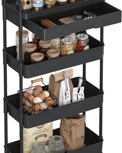 4-Tier Rolling Cart，Trolley with Drawer, Kitchen Storage Organizer with Plastic Shelf & Metal Wheels, Storage Cart for Living Room, Kitchen, Office, Bathroom, Black - LeafyLoom