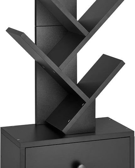 4 Tier Tree Bookshelf with Drawer, Small Tree Bookcase, Modern Table Top Book Shelf Organizer Shelves for Living Room, Bedroom, Home Office, Black - LeafyLoom