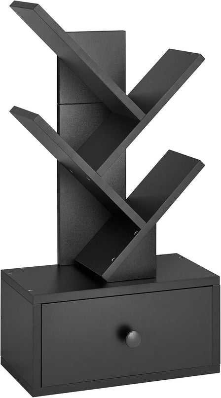 4 Tier Tree Bookshelf with Drawer, Small Tree Bookcase, Modern Table Top Book Shelf Organizer Shelves for Living Room, Bedroom, Home Office, Black - LeafyLoom