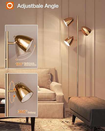 addlon Tree Floor Lamp with remote, 3 Adjustable Rotating Light and Matching LED Bulbs, Standing Tall Pole Lamps for Living Room, Bedroom, Home, Office - Gold - LeafyLoom