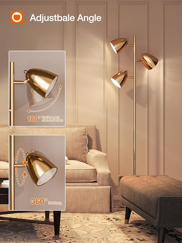 addlon Tree Floor Lamp with remote, 3 Adjustable Rotating Light and Matching LED Bulbs, Standing Tall Pole Lamps for Living Room, Bedroom, Home, Office - Gold - LeafyLoom