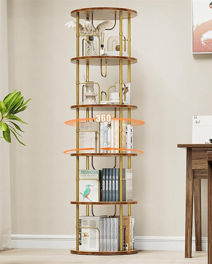 5 Tier Rotating Bookshelf, 360 ° Display Stackable Spinning Bookshelf Tower, Narrow Space Saving Tall Floor Standing Swivel Bookcase Corner Storage Organizer for Bedroom, Living Room, Gold - LeafyLoom