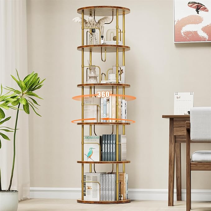 5 Tier Rotating Bookshelf, 360 ° Display Stackable Spinning Bookshelf Tower, Narrow Space Saving Tall Floor Standing Swivel Bookcase Corner Storage Organizer for Bedroom, Living Room, Gold - LeafyLoom