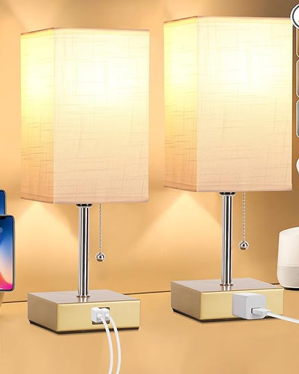 Table Lamp for Bedrooms Set of 2, 3 Color Bedside Table Lamps for Bed Room with USB Type C Charging Port Ac Outlet, Pull Chain Nightstand Table Lamp for Living Room,Office Desk(LED Bulb Included) - LeafyLoom