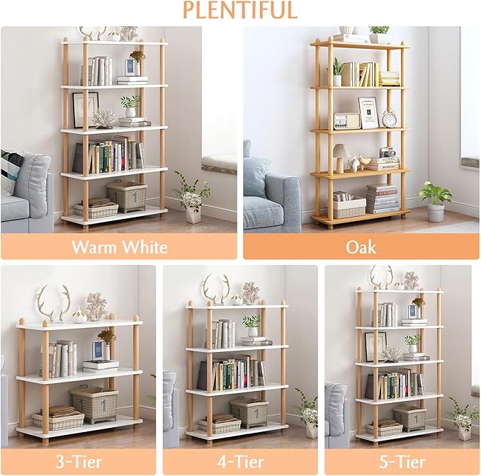 IOTXY 5-Tier Wooden Shelf Bookcase - Modern Open Bookshelf, Free Standing Storage Rack, Multifunctional Display Stand for Home and Office, Oak, Rectangle - LeafyLoom