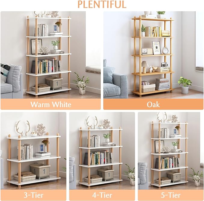 IOTXY 4-Tier Wooden Shelf Bookcase - Modern Open Bookshelf, Free Standing Storage Rack, Multifunctional Display Stand for Home and Office, White, Rectangle - LeafyLoom