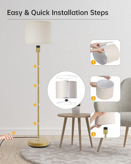 BoostArea Floor Lamp, Standing Lamp, 9W LED Floor Lamp with 3 Dimmable Levels, Simple Standing Lamp with Linen Lampshade, On/Off Footswitch, Tall Floor Lamps for Living Room/Bedroom/Office/Boho, Gold - LeafyLoom