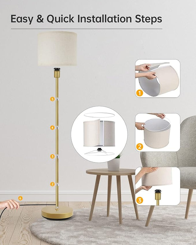 BoostArea Floor Lamp, Standing Lamp, 9W LED Floor Lamp with 3 Dimmable Levels, Simple Standing Lamp with Linen Lampshade, On/Off Footswitch, Tall Floor Lamps for Living Room/Bedroom/Office/Boho, Gold - LeafyLoom