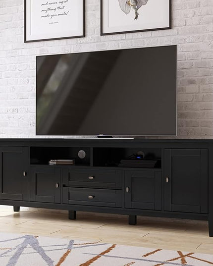 SIMPLIHOME Warm Shaker Style Solid Wood TV Media Stand, 72 inch Wide, Farmhouse Rustic, Living Room Entertainment Center, Storage Shelves and Cabinets, for Flat Screen TVs up to 80 inches in Black - LeafyLoom