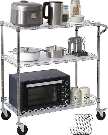 VEVOR Kitchen Utility Cart, 3 Tiers, Wire Rolling Cart with 661 LBS Capacity, Steel Service Cart on Wheels, Metal Storage Trolley with 80 mm Deep Basket Curved Handle PP Liner 6 Hooks, NSF Listed - LeafyLoom
