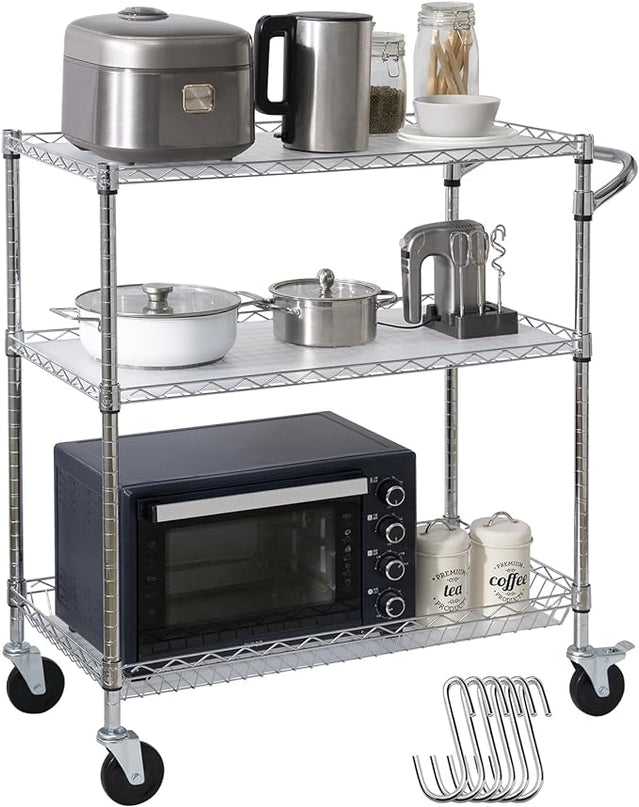 VEVOR Kitchen Utility Cart, 3 Tiers, Wire Rolling Cart with 661 LBS Capacity, Steel Service Cart on Wheels, Metal Storage Trolley with 80 mm Deep Basket Curved Handle PP Liner 6 Hooks, NSF Listed - LeafyLoom