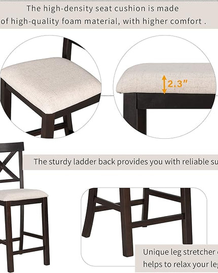 6-Piece Wood Counter Height Dining Set, Rectangular Table with Shelf, 4 Chairs and Bench for Kitchen, Breakfast Nook, Living Room, Espresso, 60" L x 29.5" W x 36" H - LeafyLoom