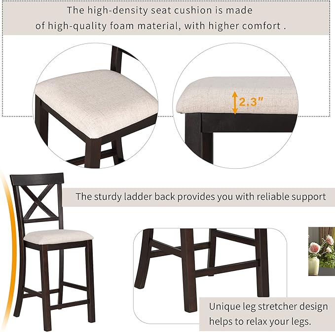 6-Piece Wood Counter Height Dining Set, Rectangular Table with Shelf, 4 Chairs and Bench for Kitchen, Breakfast Nook, Living Room, Espresso, 60" L x 29.5" W x 36" H - LeafyLoom
