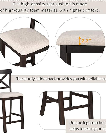 6-Piece Counter Height Kitchen Table Set, Dining Table Set for 6 with 4 Upholstered Chairs, Bench and Storage Shelf, Dining Room Table Set for Kitchen, Living Room, Espresso+Beige - LeafyLoom