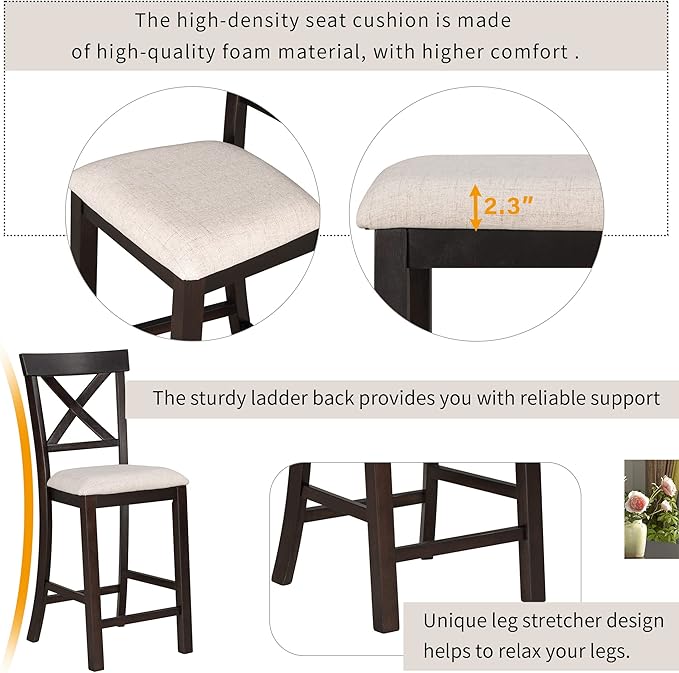 6-Piece Counter Height Kitchen Table Set, Dining Table Set for 6 with 4 Upholstered Chairs, Bench and Storage Shelf, Dining Room Table Set for Kitchen, Living Room, Espresso+Beige - LeafyLoom
