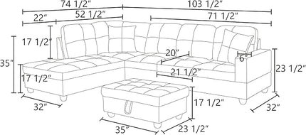 ROOMTEC Button L Shape 3 Piece Sectional Sofa Set, Upholstered Corner Couch with Storage Ottoman, Faux Leather Tufted Cushions, for Living Room, Apartment, 103inch, Black w/Left Chaise Lounge - LeafyLoom