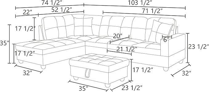 ROOMTEC Button L Shape 3 Piece Sectional Sofa Set, Upholstered Corner Couch with Storage Ottoman, Faux Leather Tufted Cushions, for Living Room, Apartment, 103inch, Black w/Left Chaise Lounge - LeafyLoom