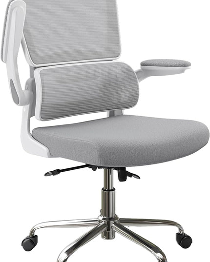 Ergonomic Office Chair, Comfortable Office Chair with Flip-up Arms, Adaptive Lumbar Support, Mesh Computer Chair with Thick Cushion, White Desk Chair with 90°-130° Tilt Function - LeafyLoom