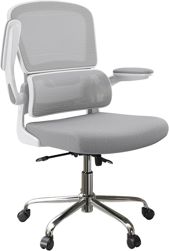 Ergonomic Office Chair, Comfortable Office Chair with Flip-up Arms, Adaptive Lumbar Support, Mesh Computer Chair with Thick Cushion, White Desk Chair with 90°-130° Tilt Function - LeafyLoom