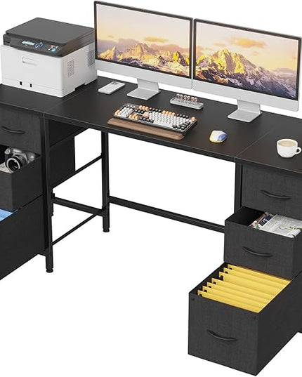 63'' Office Desk with 6 Fabric File Drawers - File Drawer Organization, Computer Work Desk, Study Writing Table, Home Office Workstation, Black - LeafyLoom