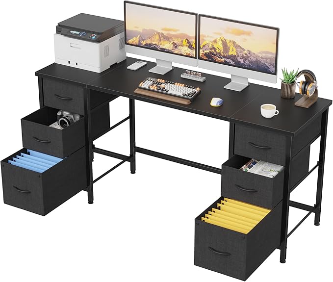 63'' Office Desk with 6 Fabric File Drawers - File Drawer Organization, Computer Work Desk, Study Writing Table, Home Office Workstation, Black - LeafyLoom