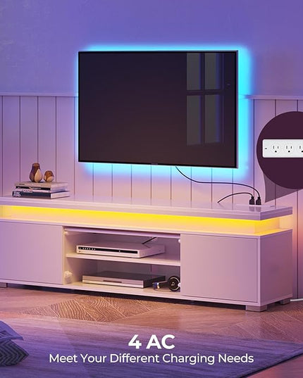Rolanstar TV Stand with LED Lights & Power Outlet, Modern Entertainment Center for 32/43/50/55/65 Inchs TVs, Table, Universal Gaming Media Stand Storage Cabinet and Large Storage, White - LeafyLoom