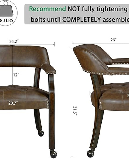 Large Dining Chairs with Casters and Arms, Rolling Dining Chairs with Wheels, Game Poker Table Chairs, Boss Caption's Chairs, 26"D x 25.2"W x 31.5"H, Espresso Legs & Choalate PU, XXY-1910-BN - LeafyLoom