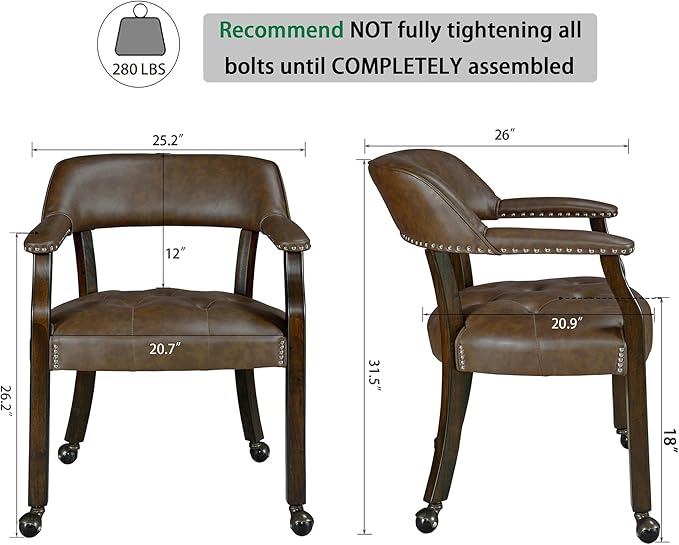 Large Dining Chairs with Casters and Arms, Rolling Dining Chairs with Wheels, Game Poker Table Chairs, Boss Caption's Chairs, 26"D x 25.2"W x 31.5"H, Espresso Legs & Choalate PU, XXY-1910-BN - LeafyLoom
