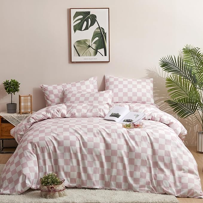 Pink White Grid Comforter Set King Pink Plaid Bedding Set Women Pink and White Checkered Bed Comforter Set Breathable Blanket Set Men Durable Bedding Comforter Set - LeafyLoom