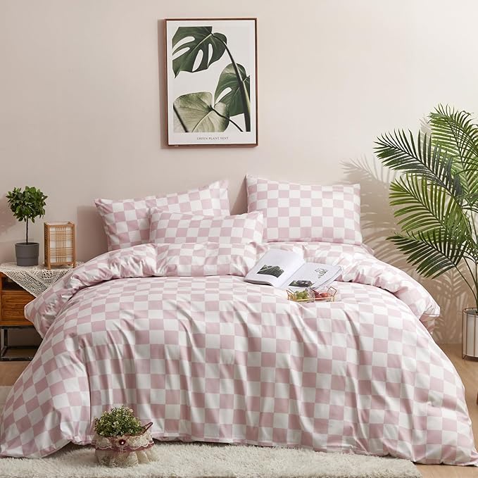Pink White Grid Comforter Set Twin Pink Plaid Bedding Set Girls Pink and White Checkered Bed Comforter Set Breathable Blanket Set Kids Durable Bedding Comforter Set - LeafyLoom