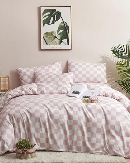 Pink Grid Comforter Set Queen Pink Plaid Bedding Set Women Pink and White Checkered Bed Comforter Set Girls Breathable Blanket Set Women Durable Bedding Comforter Set Queen - LeafyLoom