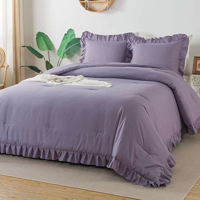 Andency California King Comforter Sets Grayish Purple (104x96Inch), 3 Pieces Cal King Ruffle Comforter, Oversized Farmhouse Shabby Chic Bed Comforter, Lightweight Soft Microfiber Bedding Set - LeafyLoom