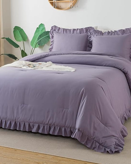 Andency Grayish Purple Ruffle Comforter King, 3 Pieces Solid Farmhouse Shabby Chic Comforter, Lightweight Soft Microfiber Vintage Rustic Bedding Sets All Season (104x90Inch Comforter) - LeafyLoom