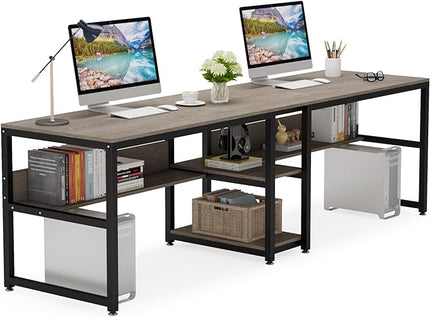 Tribesigns Two Person Desk with Bookshelf, 78.7 Computer Office Double Desk for Two Person, Rustic Writing Desk Workstation with Shelf for Home Office (Grey) - LeafyLoom