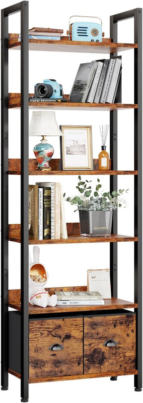 Furologee 6-Tier Bookshelf, Tall 71" Rustic Bookcase with 2 Drawers Storage Organizer, Industrial Display Free Standing Shelf Units, Wood and Metal Storage Rack for Home Office, Bedroom, Rustic Brown - LeafyLoom